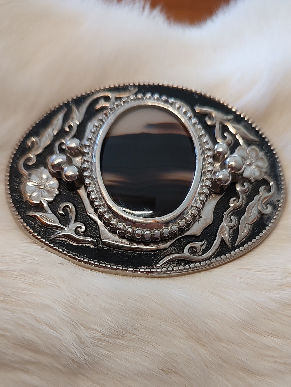 Vintage Western Belt Buckle Banded Agate Stone Silver Tone Oval Boho Cowgirl